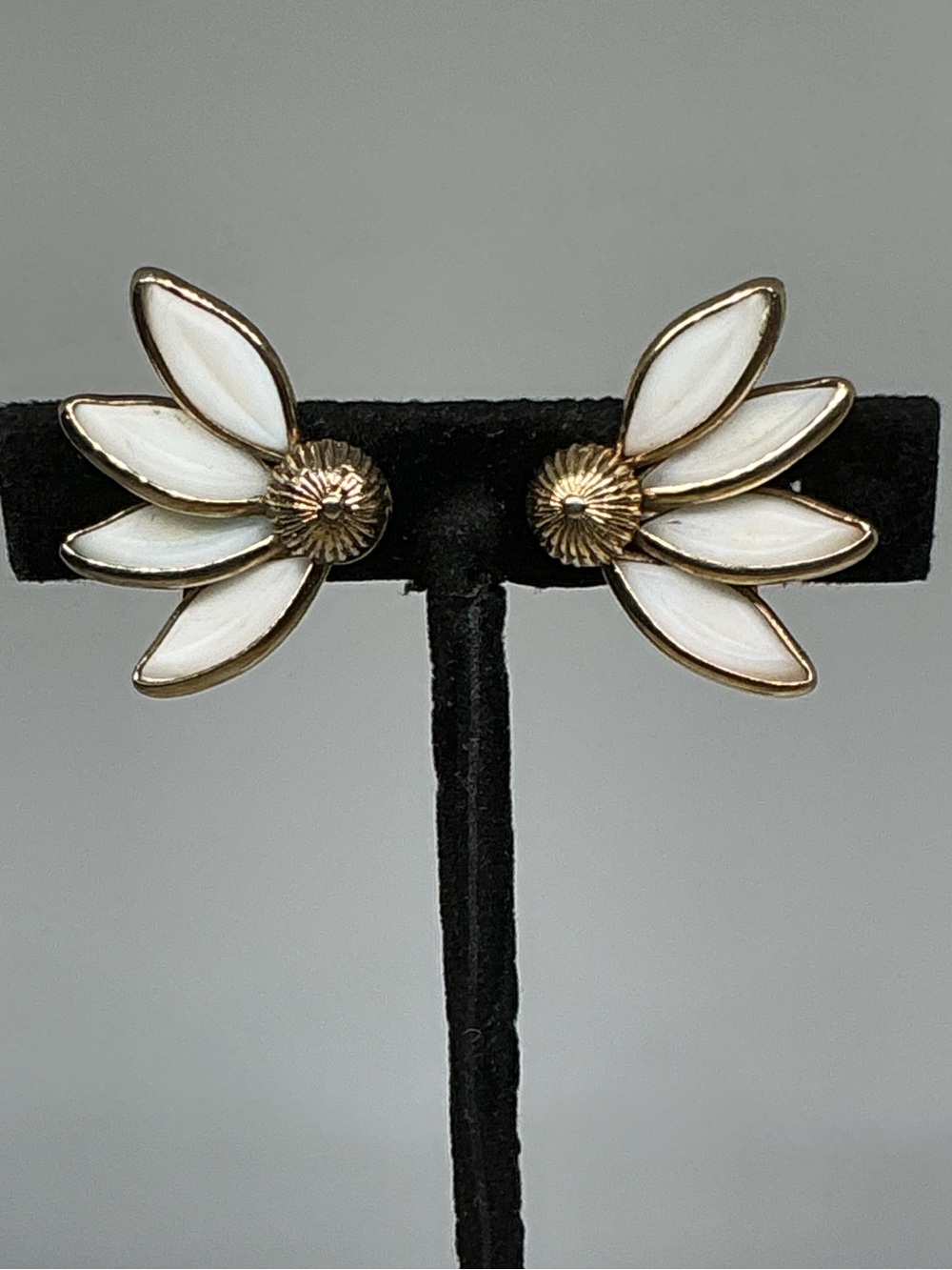 Vintage Crown Trifari Milk Glass Leaf Spray Clip Earrings, Gold-Tone, 1950s-60s